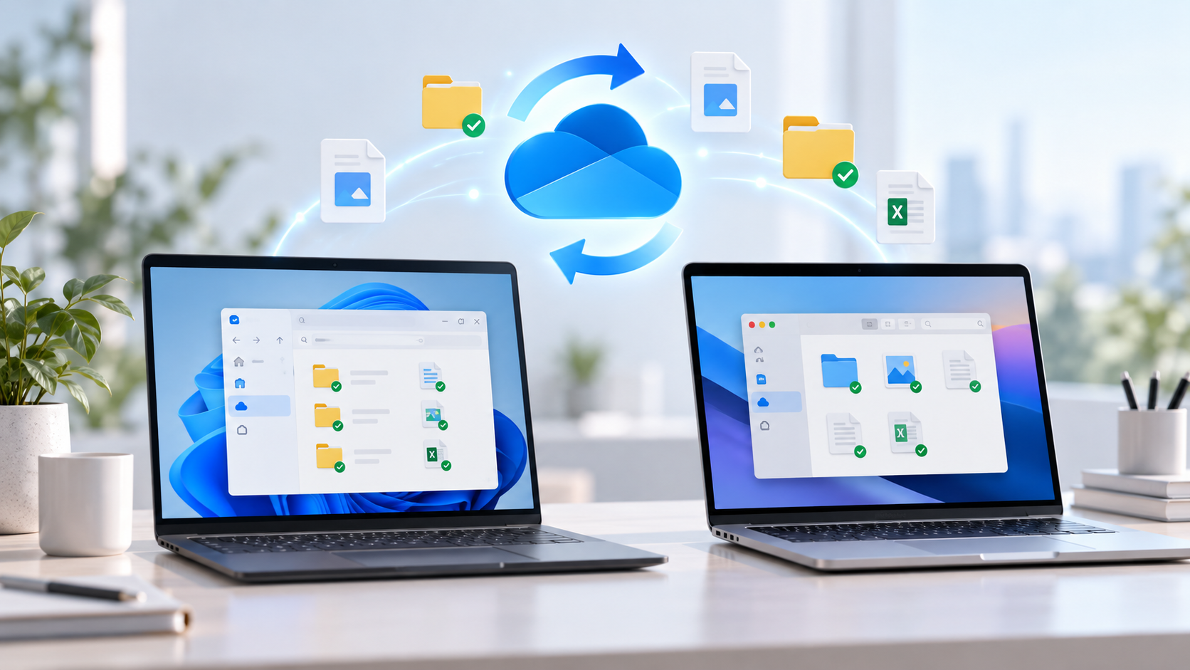 Windows-laptop en MacBook met bestanden die via OneDrive met de cloud synchroniseren.